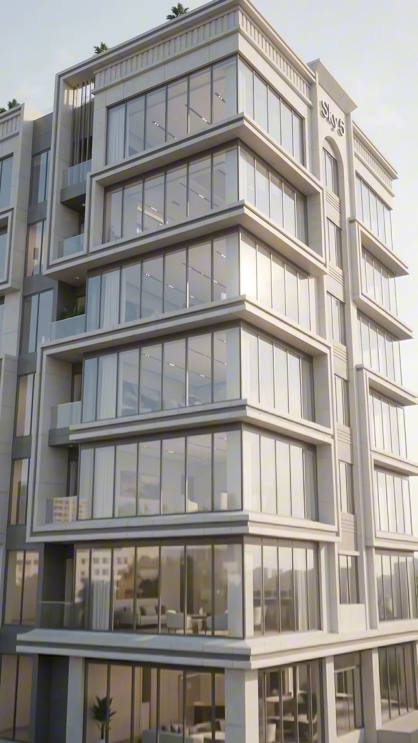 Sky5 DHA Phase 4 corner glass facade render