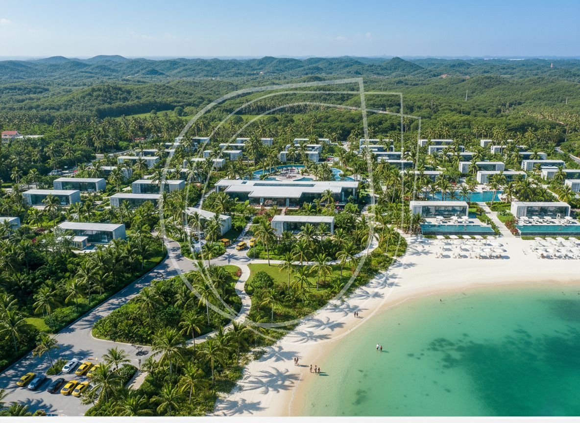 Zanzibar resort and beach aerial view, 3D render