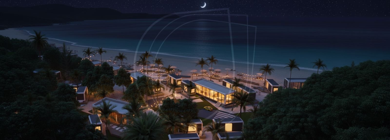 Zanzibar resort at night seen from above, 3D render