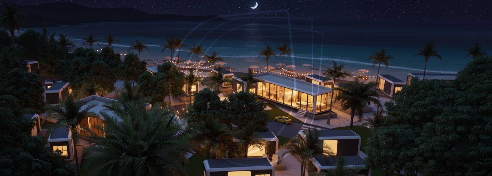 Zanzibar resort villas glowing at night, 3D render