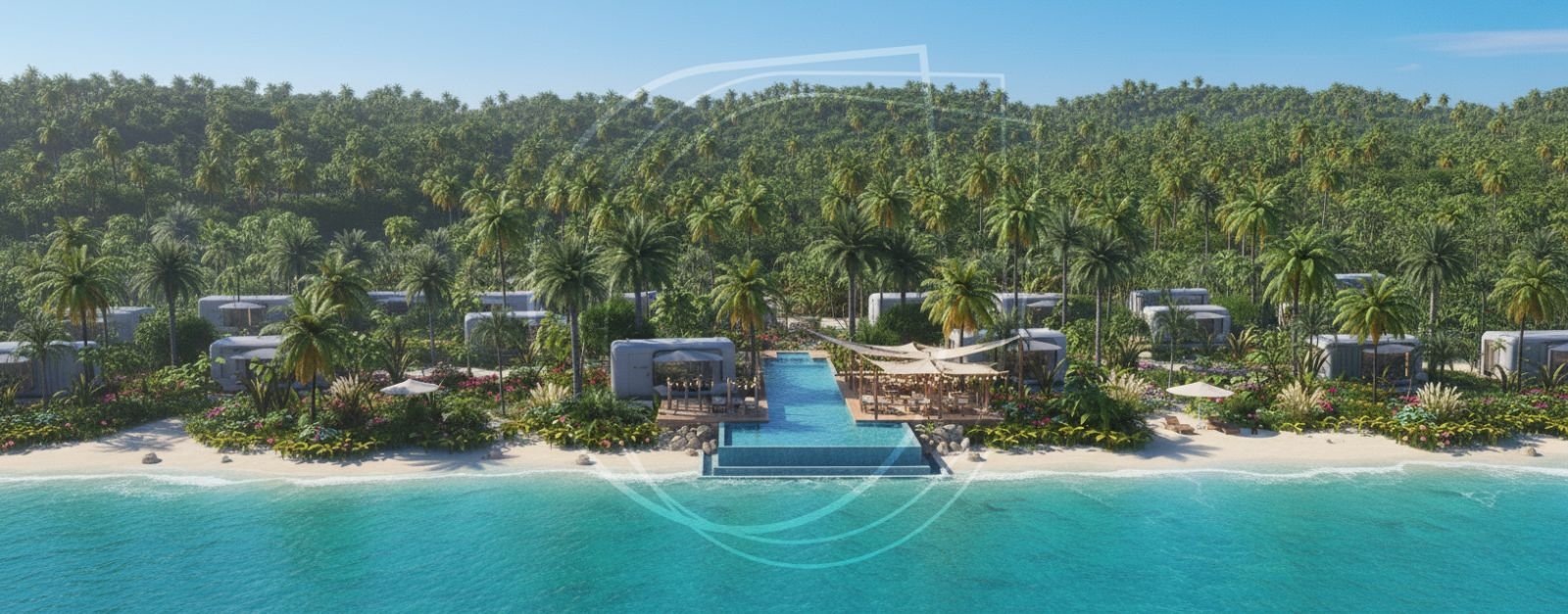Zanzibar resort infinity pool and beach restaurant, 3D render