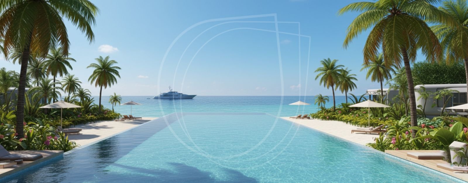 Zanzibar resort infinity pool facing the sea, 3D render
