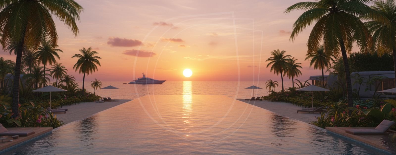 Zanzibar resort infinity pool at sunset, 3D render
